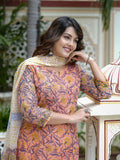 Peach Printed Straight Kurta Set for Women