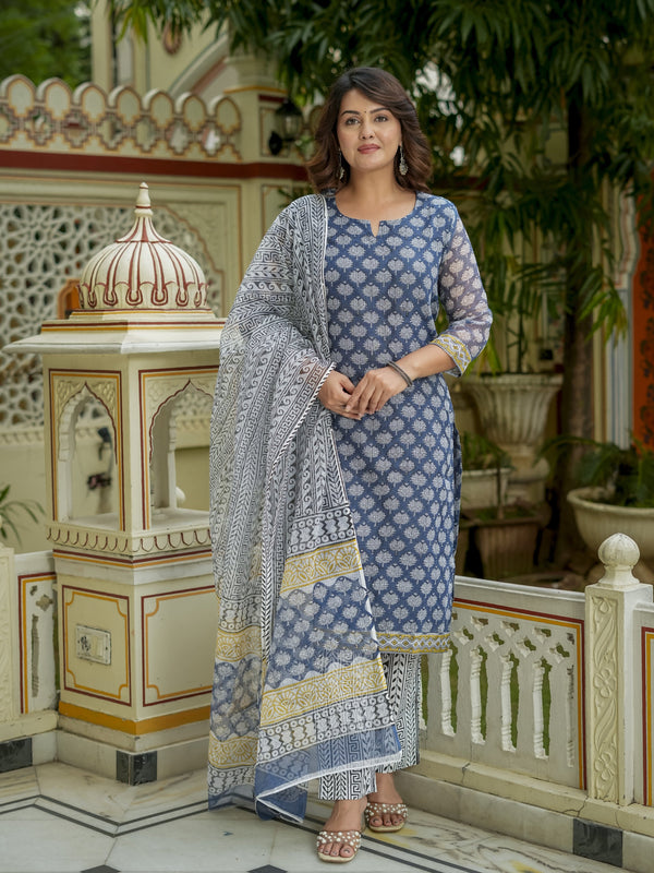Blue Printed Kurta Set for Women