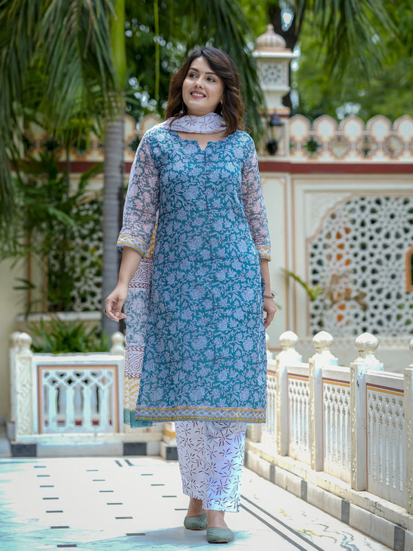 Blue Floral Print Straight Kurta Set for Women