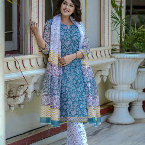 Blue Floral Print Straight Kurta Set for Women - Image 5