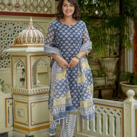 Blue Printed Kurta Set for Women - Image 10