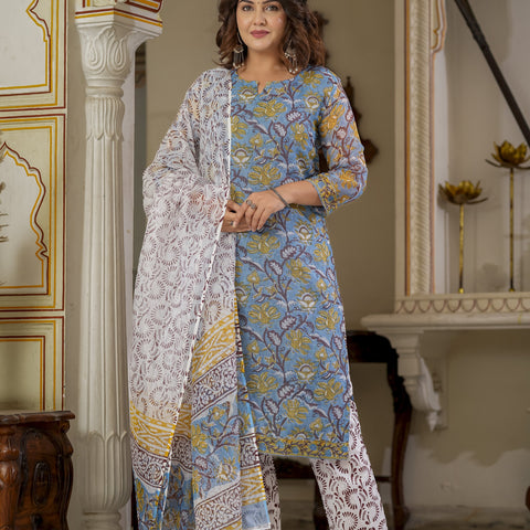 Blue Printed Straight Kurta Set for Women - Main Image