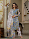 Blue Printed Straight Kurta Set for Women
