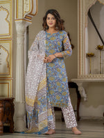Blue Printed Straight Kurta Set for Women