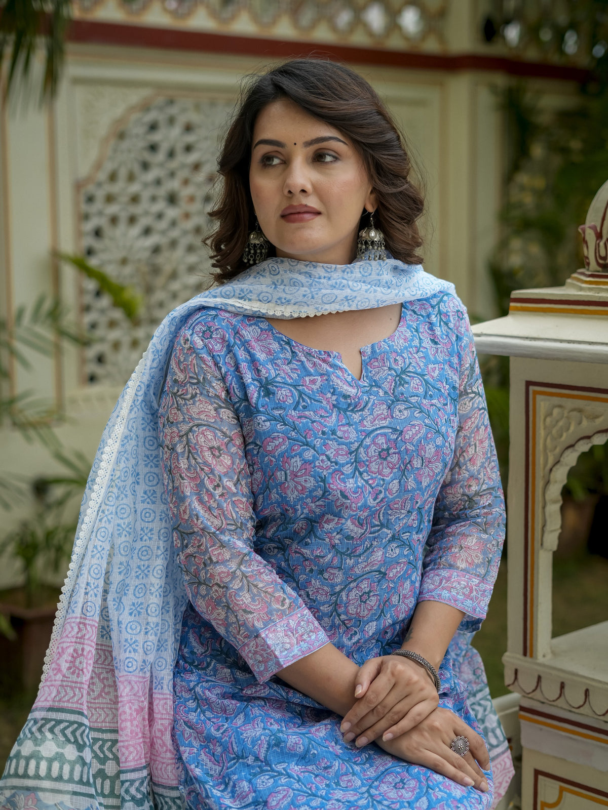 Blue Printed Straight Kurta Set for Women - Image 3