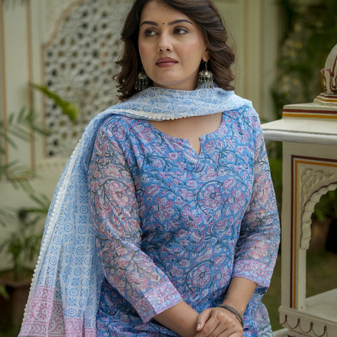 Blue Printed Straight Kurta Set for Women - Image 3