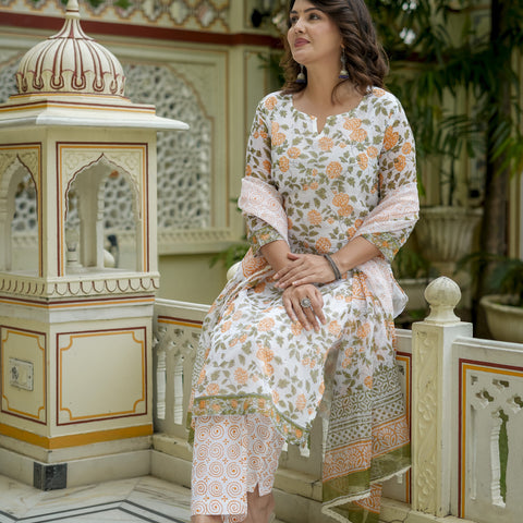 White Floral Print Straight Kurta Set for Women - Image 7
