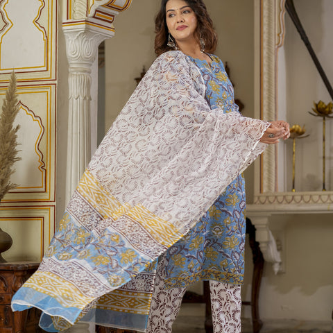 Blue Printed Straight Kurta Set for Women - Image 4