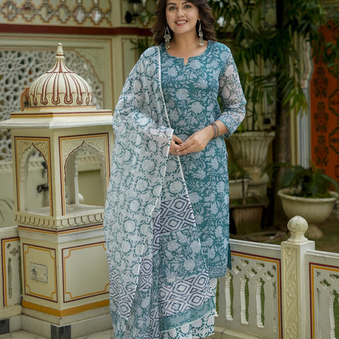 Teal Floral Print Kurta Set for Women - Image 8