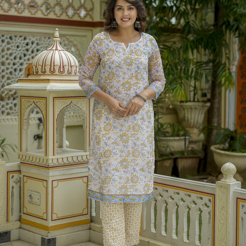 White Floral Print Straight Suit Set for Women - Image 3