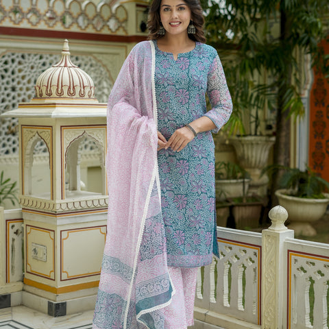 Teal Floral Print Straight Kurta Set for Women - Main Image