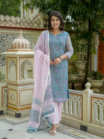 Teal Floral Print Straight Kurta Set for Women