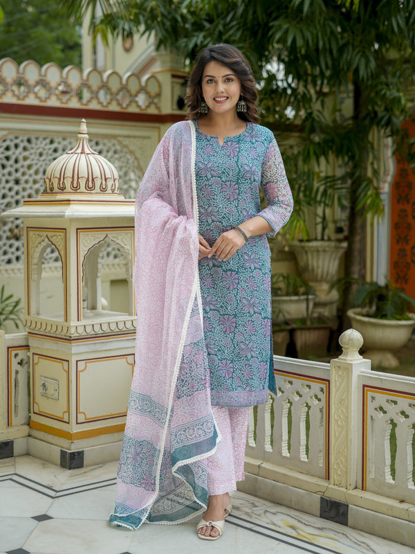 Teal Floral Print Straight Kurta Set for Women