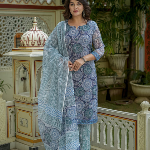 Blue Printed Kurta Dupatta Set For Women - Image 10