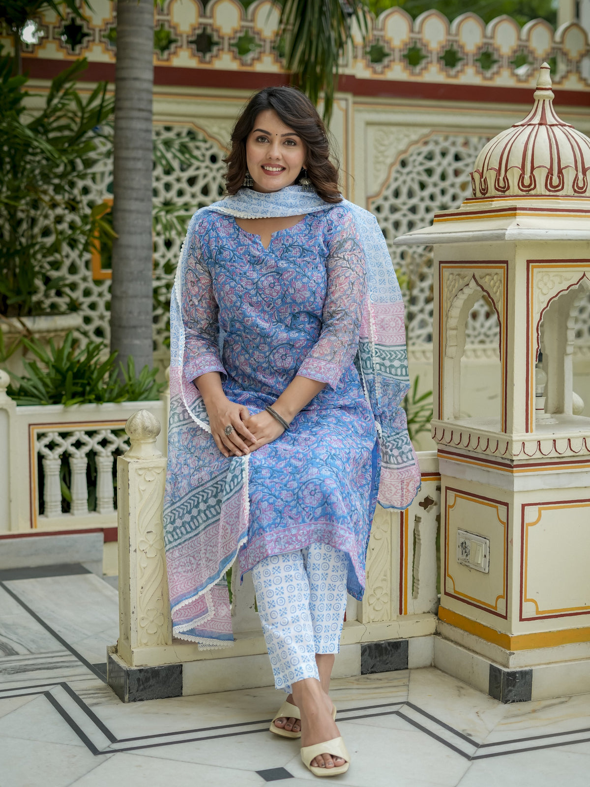 Blue Printed Straight Kurta Set for Women - Image 8