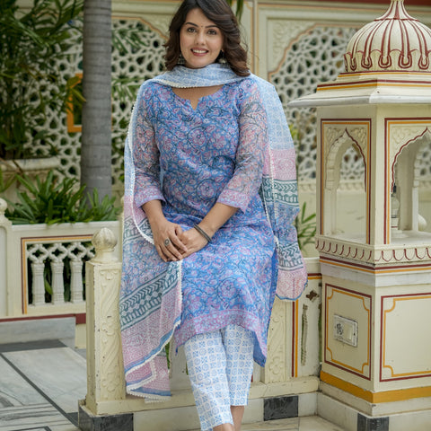 Blue Printed Straight Kurta Set for Women - Image 8