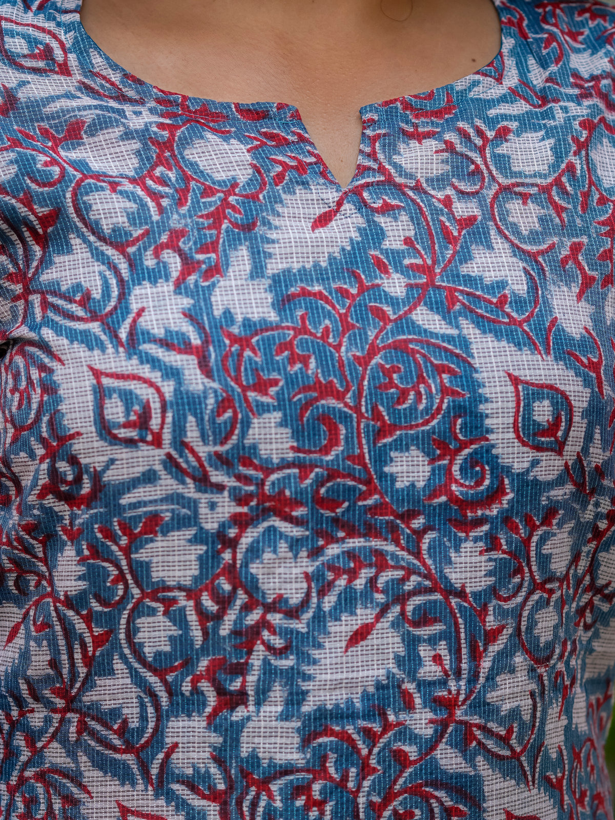 Blue Printed Straight Kurta Set for Women - Main Image