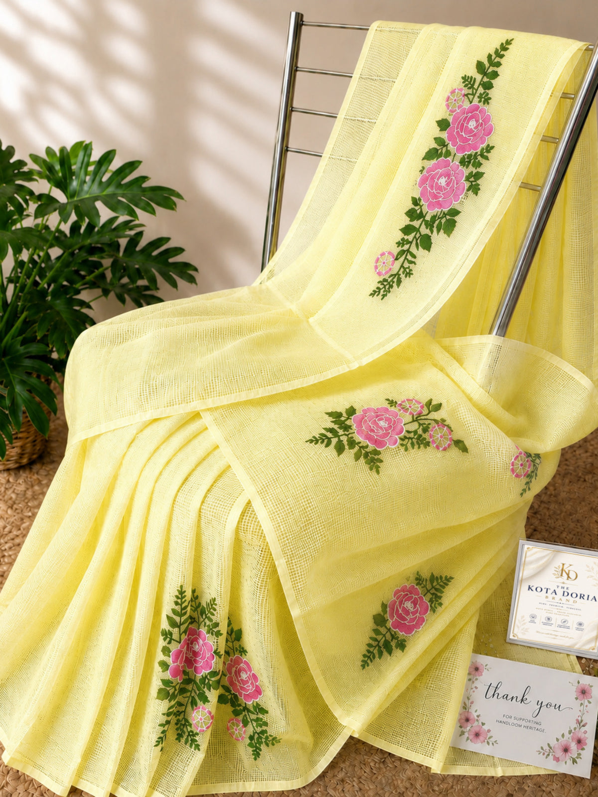 Yellow Kota Doria Floral Saree for Women - Main Image