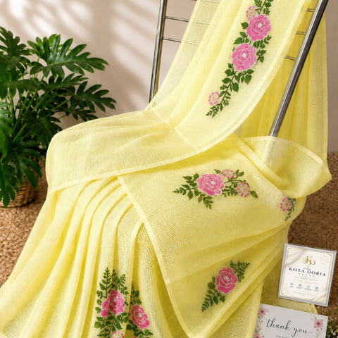Yellow Kota Doria Floral Saree for Women - Main Image