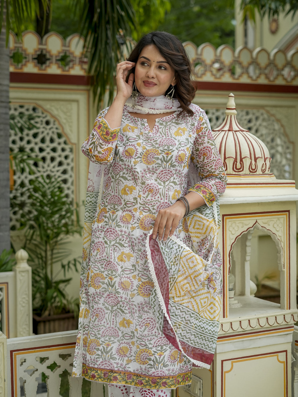 Off White Floral Print Straight Kurta Set for Women - Image 9