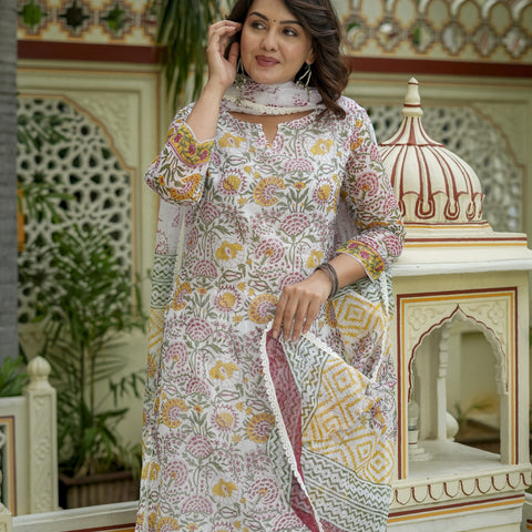 Off White Floral Print Straight Kurta Set for Women - Image 9
