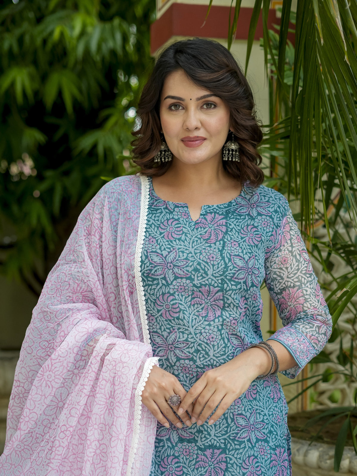 Teal Floral Print Straight Kurta Set for Women - Image 8