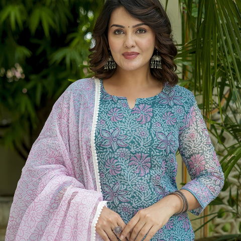 Teal Floral Print Straight Kurta Set for Women - Image 8