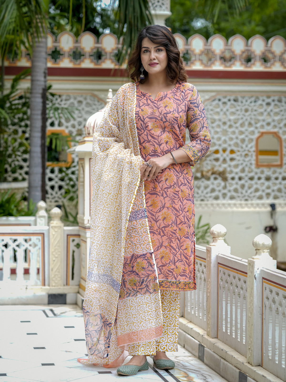 Peach Printed Straight Kurta Set for Women - Image 7