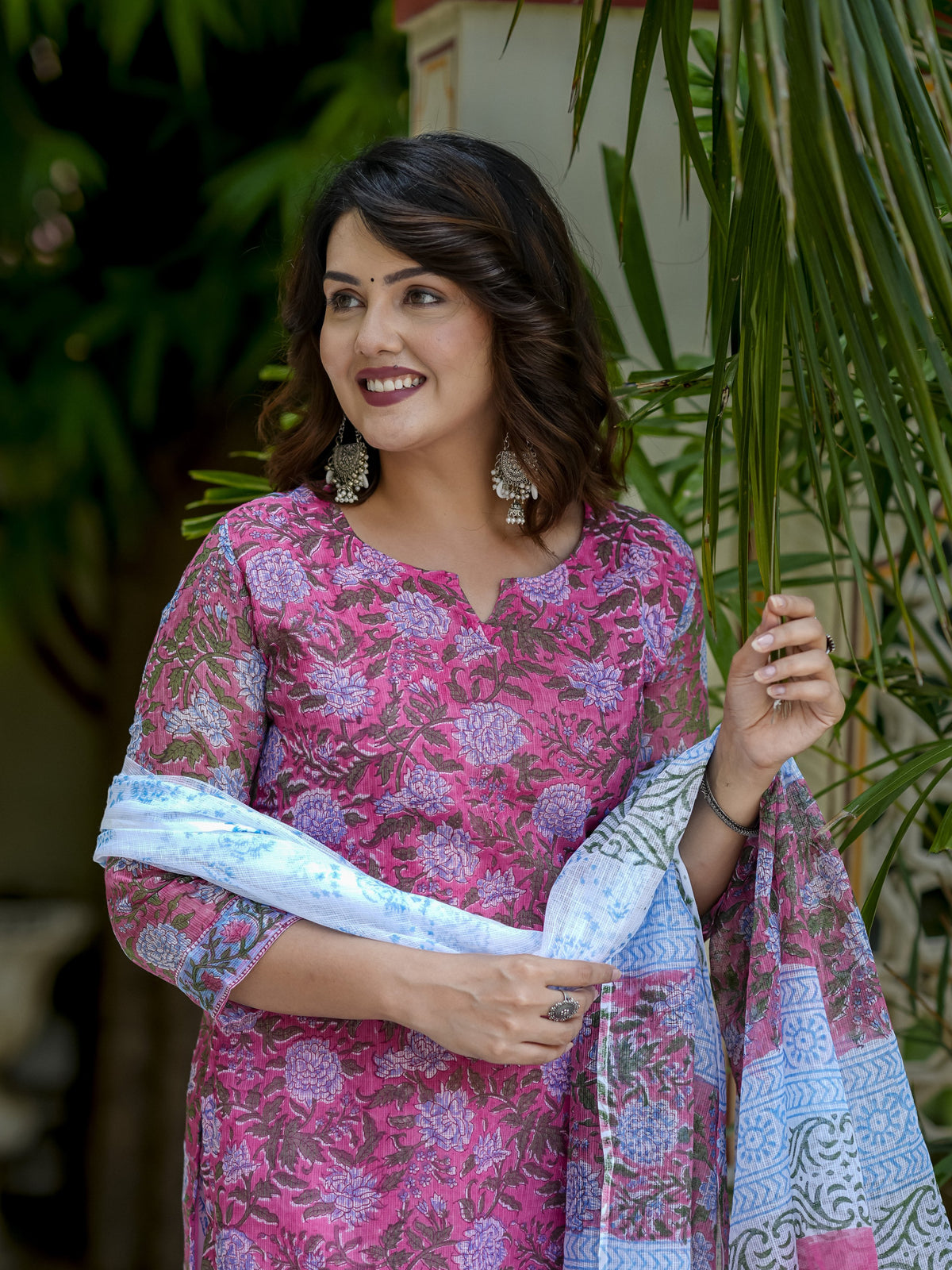 Pink Floral Print Kurta Set for Women - Main Image