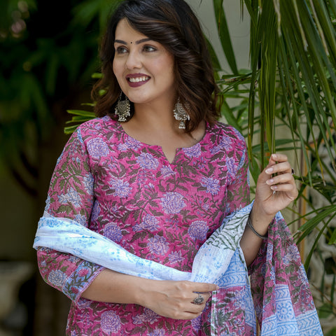 Pink Floral Print Kurta Set for Women - Main Image