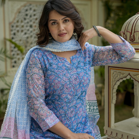 Blue Printed Straight Kurta Set for Women - Image 2