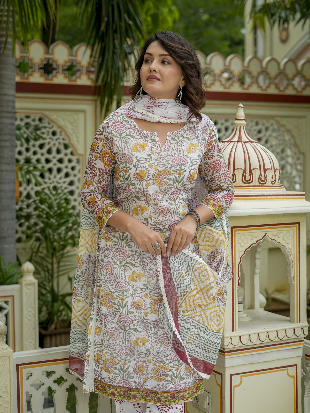 Off White Floral Print Straight Kurta Set for Women - Image 8