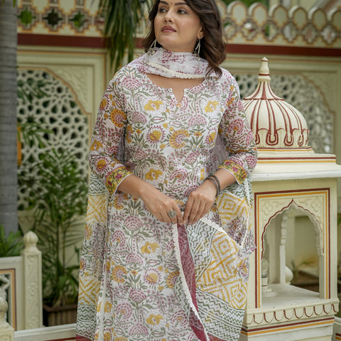 Off White Floral Print Straight Kurta Set for Women - Image 8