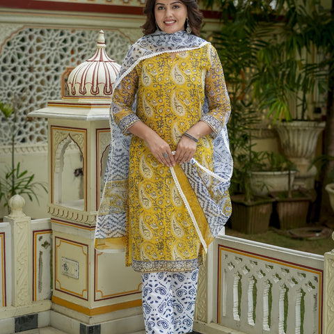 Mustard Printed Kurta Set With Dupatta for Women - Image 8