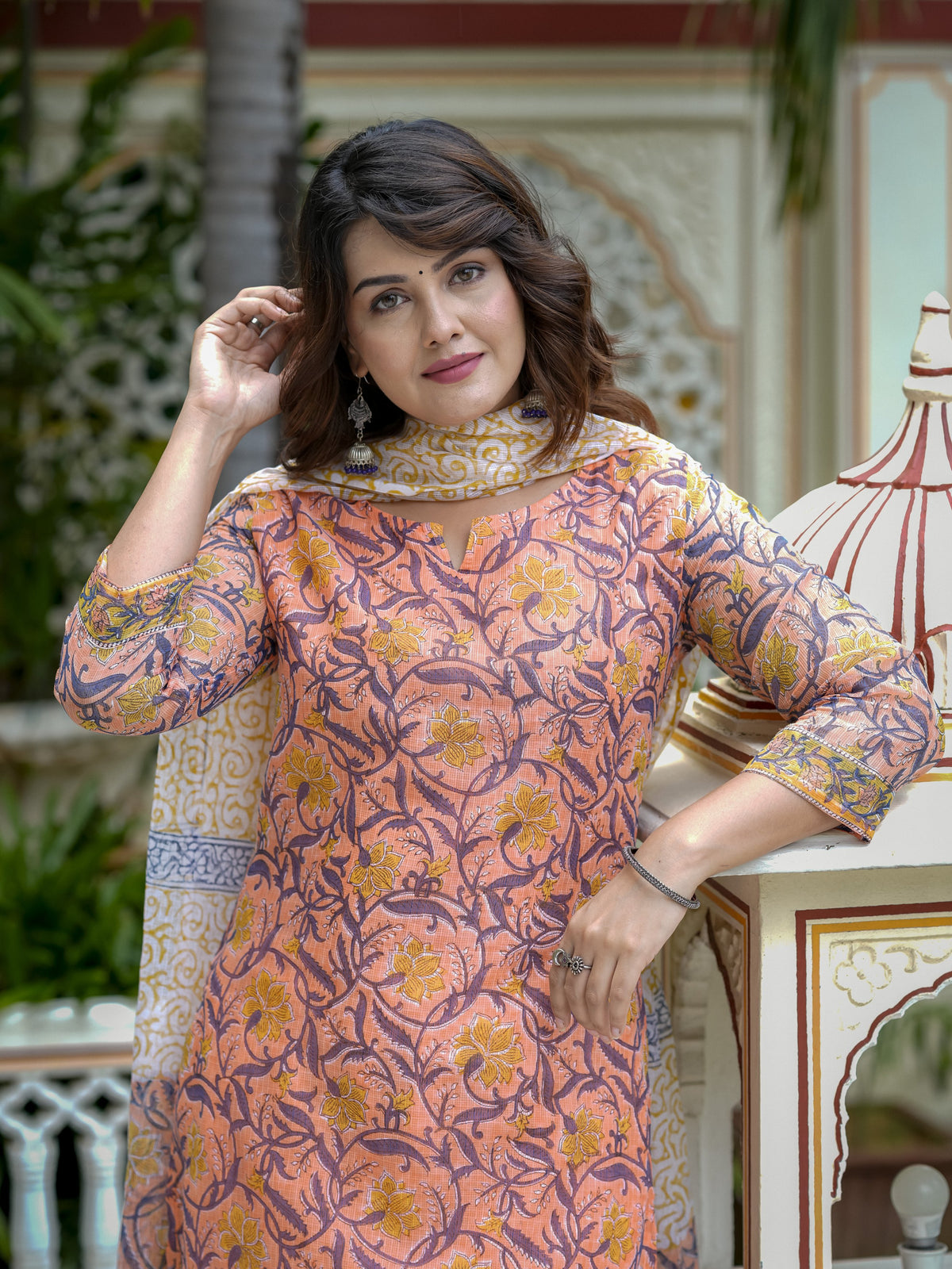 Peach Printed Straight Kurta Set for Women - Image 2