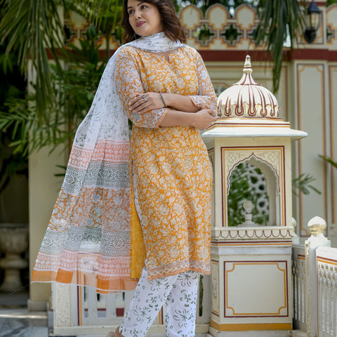 Orange Printed Kurta Set for Women - Main Image
