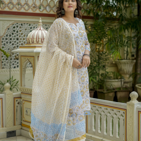 White Floral Print Straight Suit Set for Women - Image 5