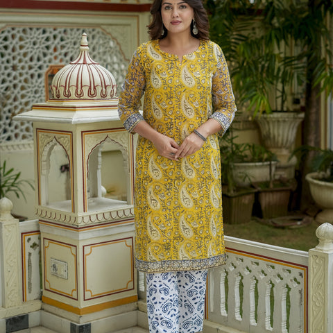 Mustard Printed Kurta Set With Dupatta for Women - Image 7