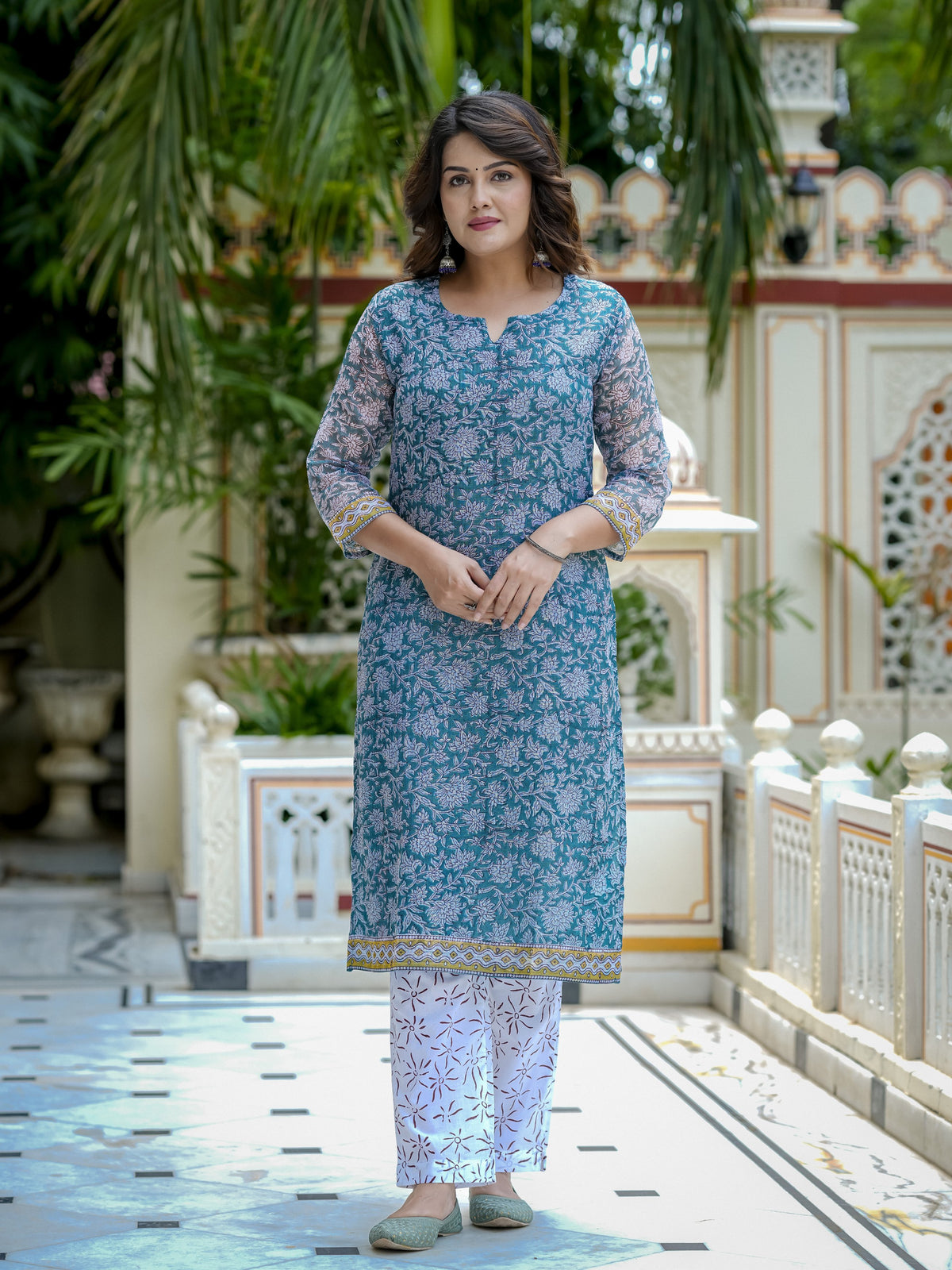Blue Floral Print Straight Kurta Set for Women - Image 7