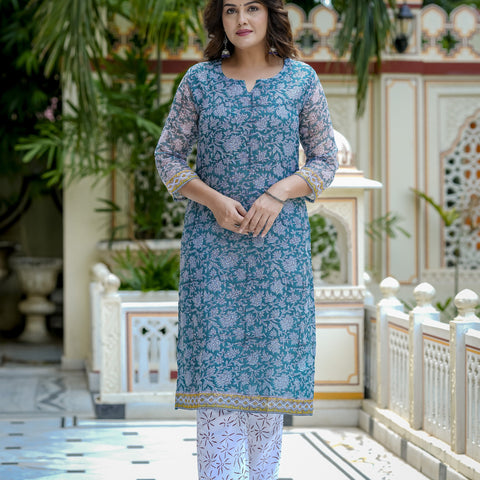 Blue Floral Print Straight Kurta Set for Women - Image 7