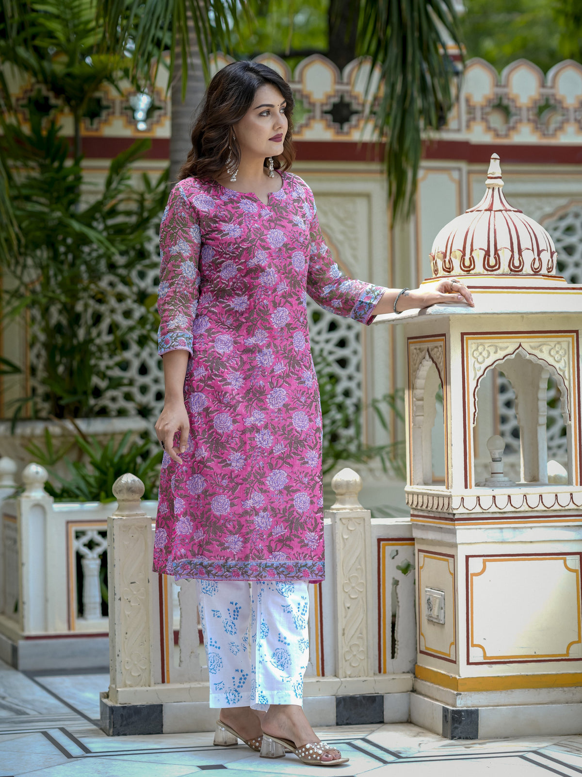 Pink Floral Print Kurta Set for Women - Image 8
