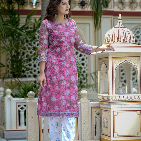 Pink Floral Print Kurta Set for Women - Image 8