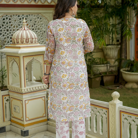 Off White Floral Print Straight Kurta Set for Women - Image 10