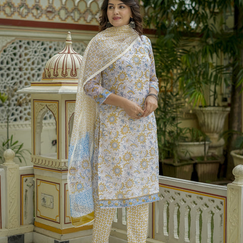 White Floral Print Straight Suit Set for Women - Image 4