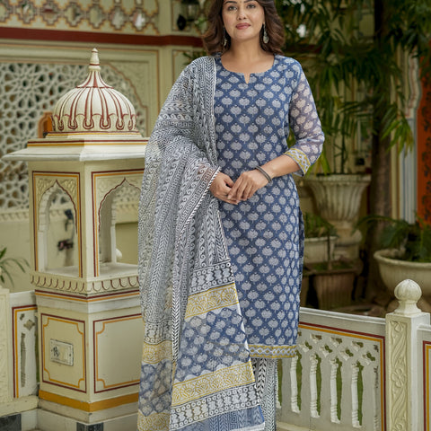 Blue Printed Kurta Set for Women - Image 2