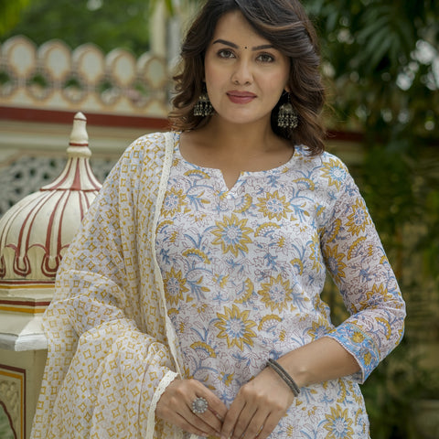 White Floral Print Straight Suit Set for Women - Main Image