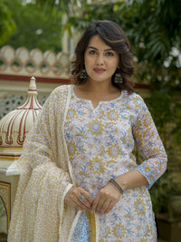 White Floral Print Straight Suit Set for Women