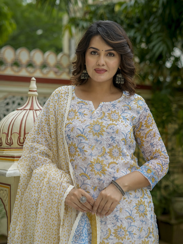 White Floral Print Straight Suit Set for Women