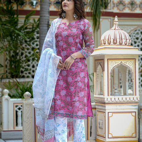 Pink Floral Print Kurta Set for Women - Image 6