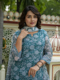 Teal Floral Print Kurta Set for Women